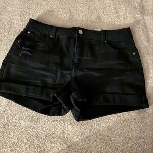 Black Jean Shorts with Distressed High-Waist Design